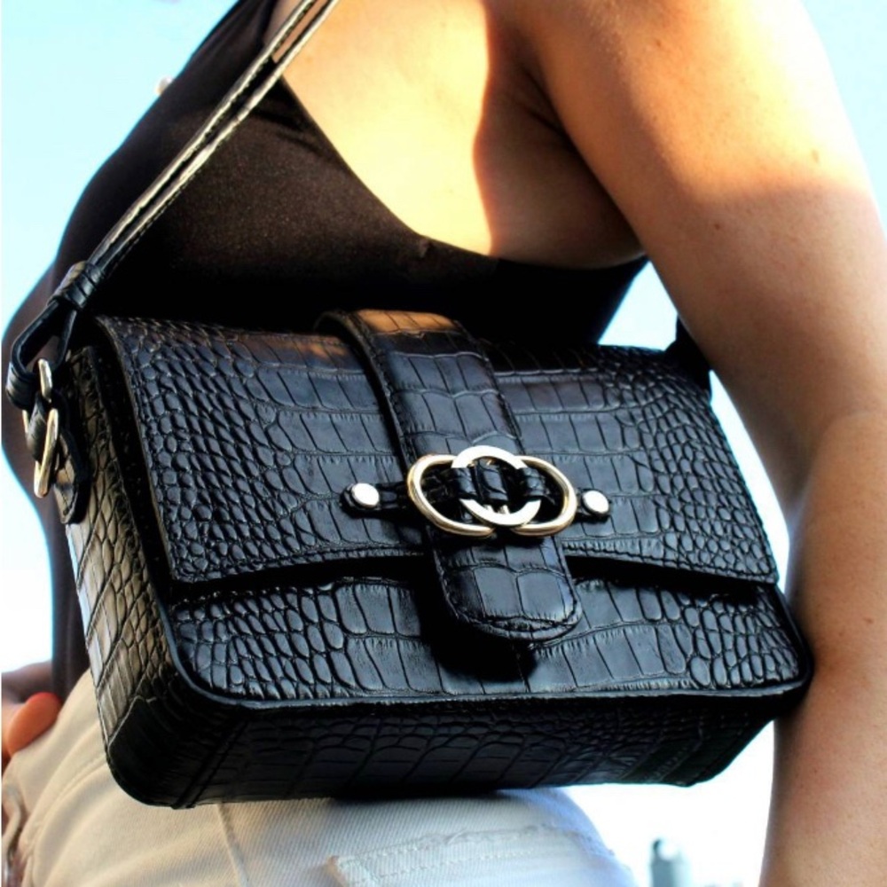 Black Croc-Embossed Crossbody Bag with Silver Hardware